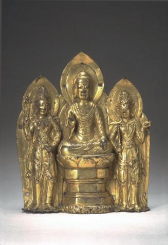 Embossed plaque with a buddha and two bodhisattvas