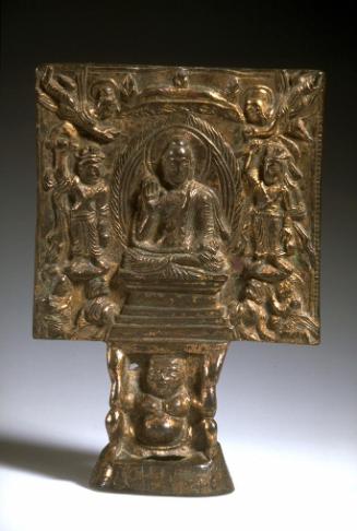 The buddha of the future, Maitreya, attended by two bodhisattvas