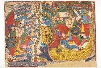The prince Babhruvahana fights the king of the snakes, from an illustrated series of the Mahabharata