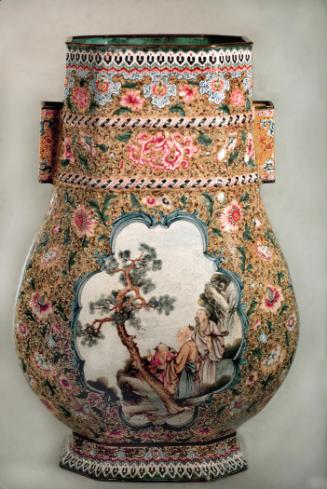 Large vase with sages under pine trees