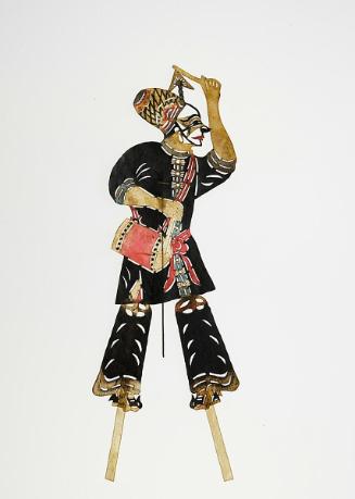 White-faced clown or comedian figure in black robe and playing red drum