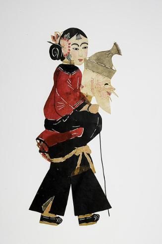 Female figure in red and black robe on back of white-bearded male figure in black robe