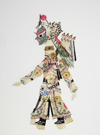 Blue-faced male figure wearing tiger headress and four banners