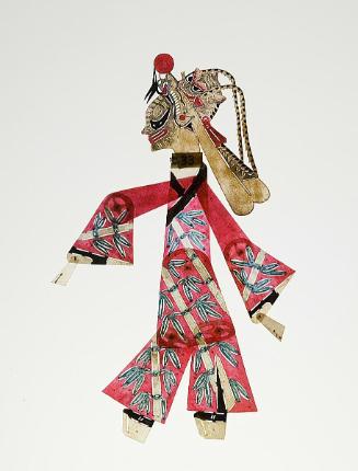Tiger-faced figure in red robe with bamboo design and pheasant-feathered headress