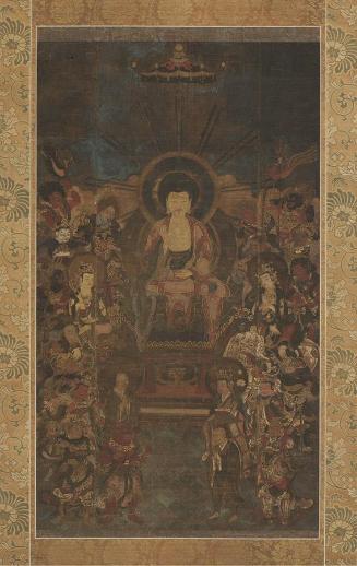 The Buddha flanked by bodhisattvas and surrounded by the Sixteen Good Spirits, from the Mahaprajnaparamita Sutra
