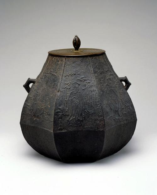 Hexagonal kettle (kama) with design of the Seven Sages of the Bamboo Grove