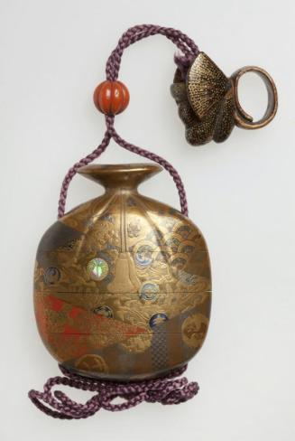Inro in the shape of the deity Hotei's treasure bag with patchwork textile designs
