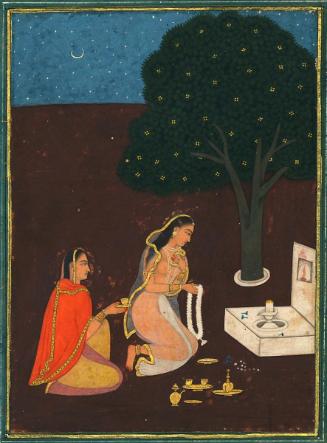 Woman worshiping at an outdoor shrine, personifying a musical mode (Bhairavi Ragini)