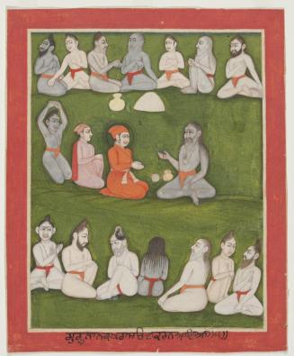 Guru Nanak and the holy man Sant Ren, from a manuscript of the Janam Sakhi (Life Stories)