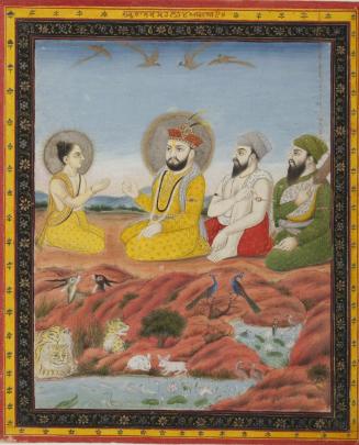 Guru Nanak's meeting with Praladh, from a manuscript of the Janam Sakhi (Life Stories)