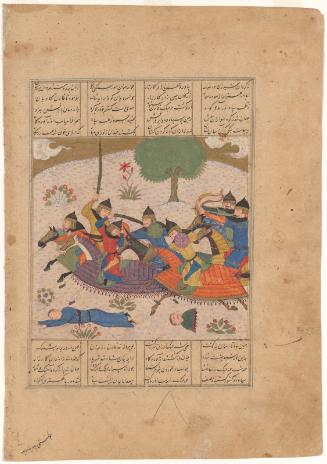 The Iranian king Kay Khusraw kills his rival, the Turanian ruler Shida, an illustrated page from a manuscript of the Shahnama (Book of Kings)