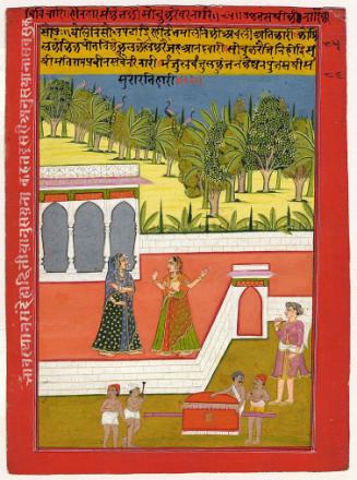 A woman is informed by a companion of the arrival of her lover in a palanquin, from a Rasaraj series