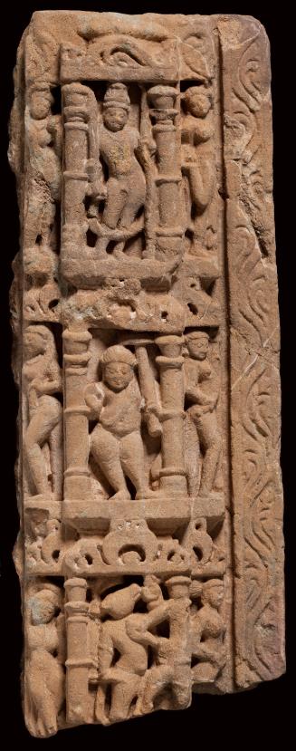 Fragment of a door jamb with three incarnations of Vishnu: Varaha, Vamana, and Rama