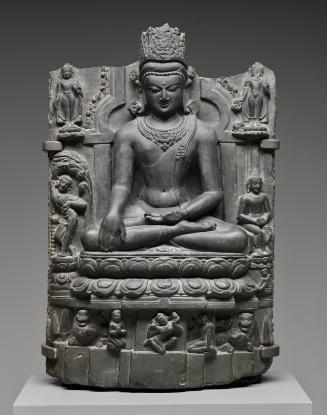 Seated crowned Buddha with four scenes of his life