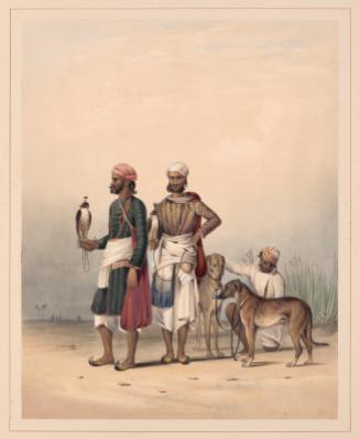 The Nawab of Avadh's hunting dogs and falcons with their caretakers