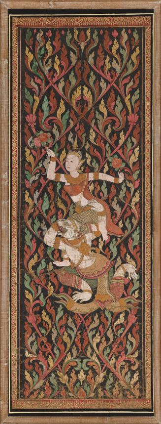 The Monkey hero Hanuman carries a lady, perhaps Benyakai; from the Cambodian or Thai version of the epic of Rama