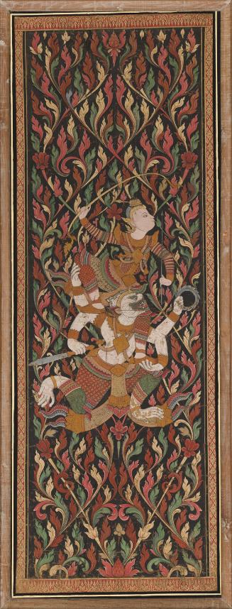 One of Rama's sons carried by the monkey hero Hanuman, from the Cambodian or Thai version of the epic of Rama