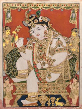 The Hindu god Krishna as an infant, accompanied by attendants