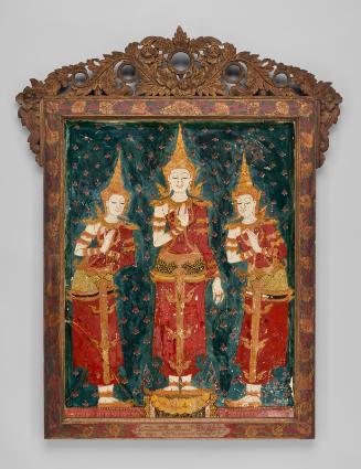 Standing crowned figure, probably the bodhisattva Maitreya, flanked by two other crowned figures, perhaps disciples