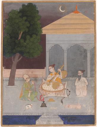 Female ascetic plays music for a princely visitor, personifying a musical mode (probably Bhupali Ragini)