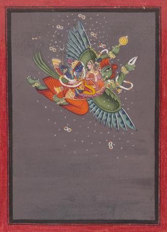 The Hindu deities Krishna and Satyabhama riding Garuda