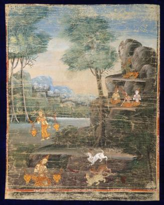 Vessantara's wife encounters a lion, tiger, and leopard, a scene from the next-to-last life of the Buddha (Vessantara Jataka)