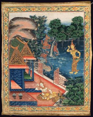 Vessantara's wife encounters a lion, tiger, and leopard, and then rejoins her husband, a scene from the next-to-last life of the Buddha (Vessantara Jataka)