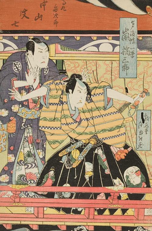 Two Kabuki actors on a balcony