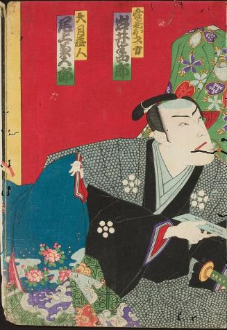 Kabuki scene with samurai and woman (actors Iwai Hanshiro and Onoe Kikugoro)