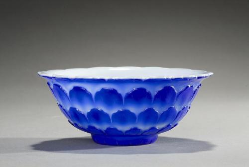 White lotus bowl with translucent blue overlay