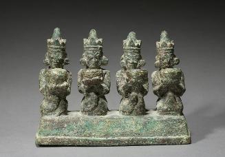 The guardian kings of the four directions presenting begging bowls to the Buddha