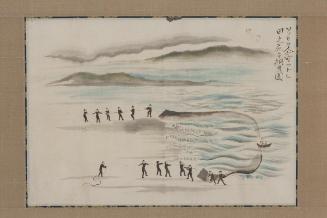 Americans Gathering in a Fishing Net at Tanoshiri, from the Black Ship Scroll