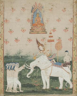 Vessantara gives away the elephant, a scene from the next-to-last life of the Buddha (Vessantara Jataka)