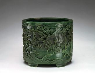 Brush pot with scene of collecting treasure in mountains