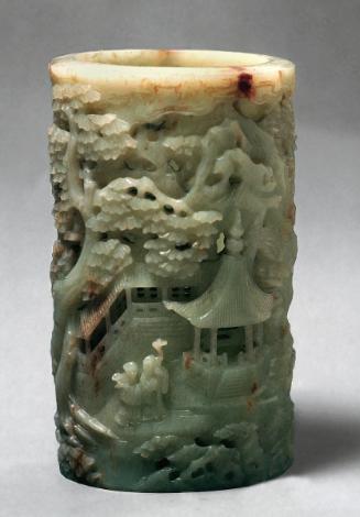 Brush pot with scene of collecting mushrooms in mountains