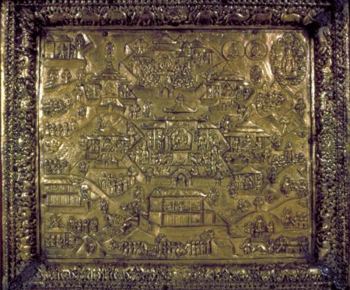 Plaque of Buddhist scene showing the Buddha Shakyamuni seated