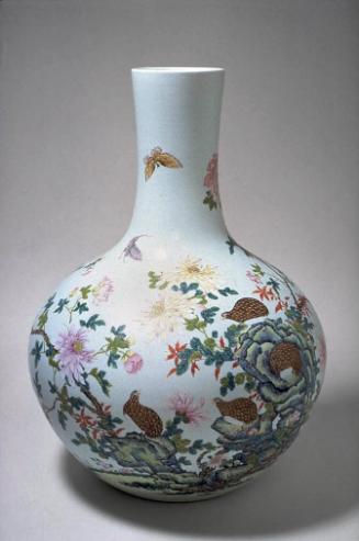 Vase with quails, rose mallow, and chrysanthemum