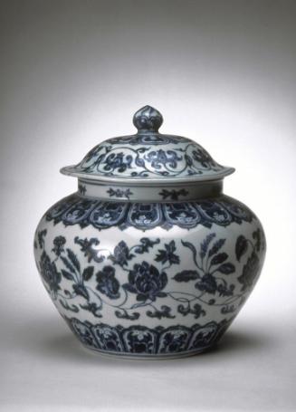 Lidded jar with lotus design