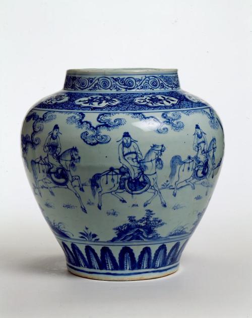 Jar with scene of figures going to a gathering