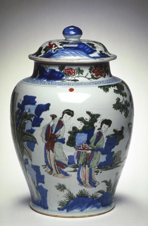 Covered jar with lady musicians, one of a pair