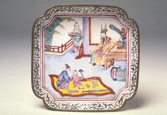 Square dish with a scene of a boy playing with lucky symbols