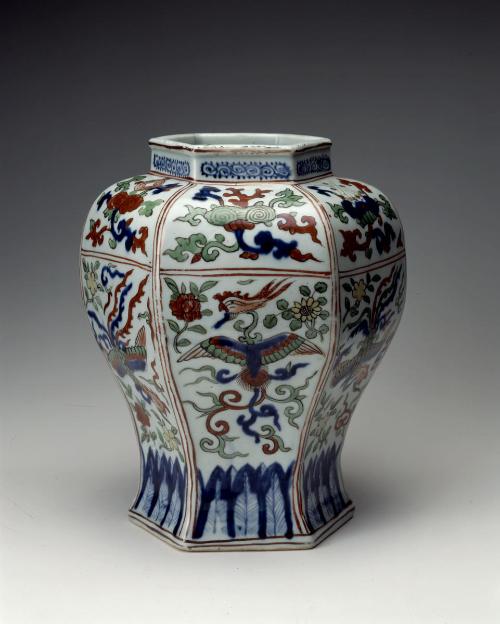 Hexagonal baluster vase with phoenixes