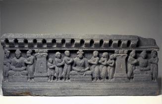 A bodhisattva and Buddhas with worshippers