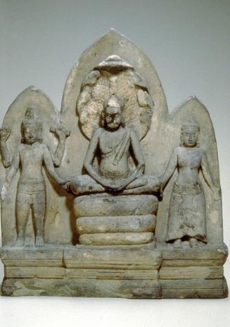 Naga-enthroned Buddha with the bodhisattva Avalokiteshvara and the deity of transcendent wisdom Prajnaparamita