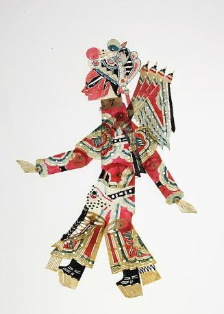 Red-faced male figure in red robe and headdress with four banners on back