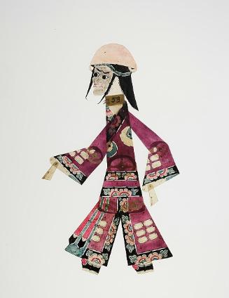 Gray-faced figure wearing bucket-like hat and purple robe with I Ching symbols