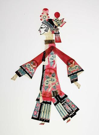 Female figure in red robe with floral design and headdress with red ball