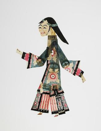 Smiling female figure in blue robe with floral design