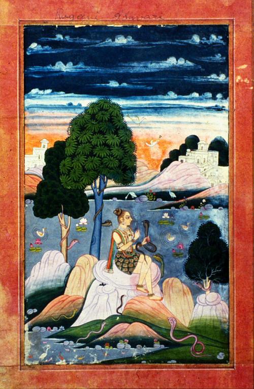 A female ascetic surrounded by cobras, personifying a musical mode (Asavari Ragini)