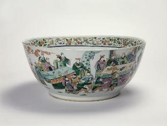 Large bowl with historical figures and ducks among blossoming lotus